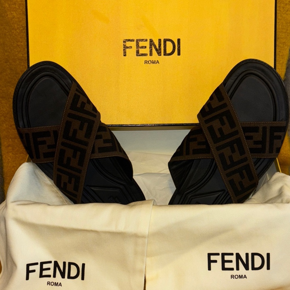Fendi Black and Brown Logo Slides